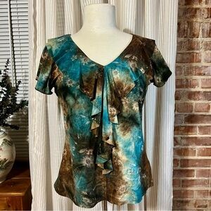 Y2k Vintage Dress Barn Ruffle Floral Brown, Blue, & Gold Top -Size M -TP47